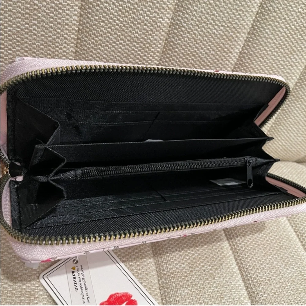 Blush Crush Pink Cherry Star‎ Print Vegan Leather Zip Around Continental Wallet